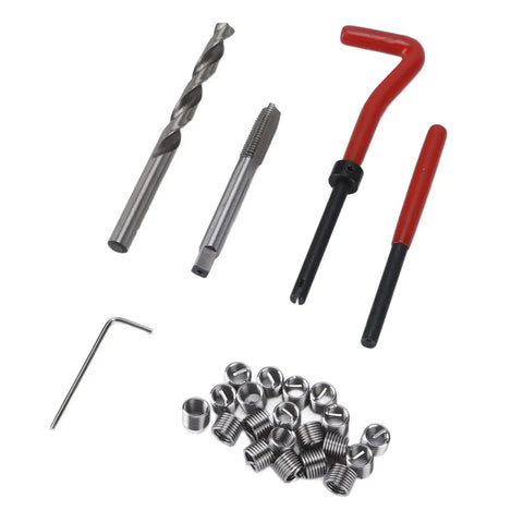 Heavy Duty M8x1.25 Thread Restore Kit With Drill Bit Twist Reamer And Hex Wrench For Screw Hole Repair And Motor Machine Maintenance Hand Tools That Fix Stripped Threads Like A Boss Without Hassle., drill bit, tap, inserts and wrench on white background