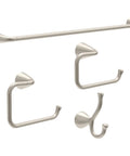 Arvo 4 Piece Bathroom Hardware Set With 18 Inch Towel Bar And 6 Inch Extender Open Square Toilet Paper Holder Round Towel Ring And Double Towel Hook Brushed Nickel Finish, showing all pieces.