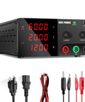 High Power DC Bench Power Supply 0-60V 0-20A 1200W With Encoder Knob And Output Switch Adjustable Regulated For Repair And Test Benchtop Power Source Black front view with cables