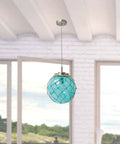 Coastal Sea Glass Pendant With Aqua Glass, Netted Buoy Design In Brushed Nickel, Natural Rope Accents, Ocean Style Hanging Light