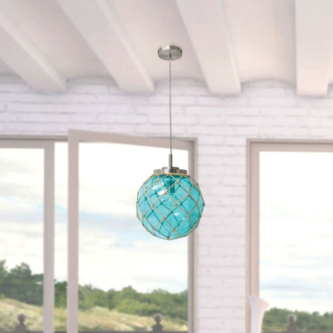 Coastal Sea Glass Pendant With Aqua Glass, Netted Buoy Design In Brushed Nickel, Natural Rope Accents, Ocean Style Hanging Light