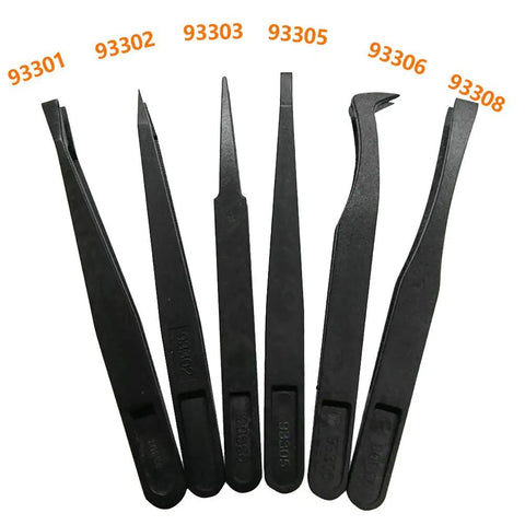 Antistatic Plastic Tweezers Kit For Electronics And Craftwork Handy Precision Black 6 Piece Set Static Safe Pickup Tools