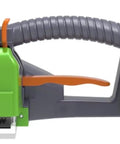 Rock Solid Electric Strapping Machine With LCD Display Rechargeable Battery For Pet And Pp Tape portable tool, side view with green body.