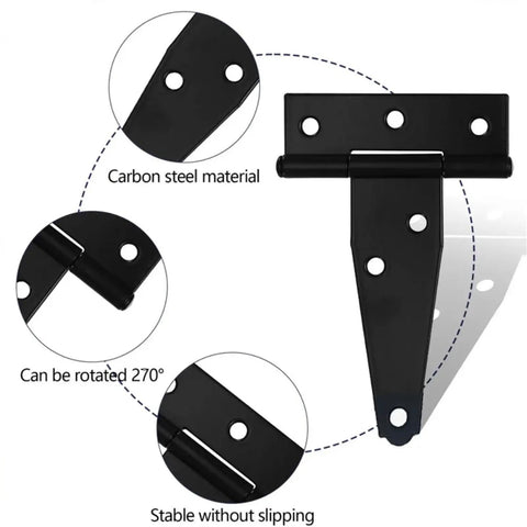 Heavy Duty Black T Strap Hinges For Gates And Doors With Quiet Soft Close Dampers, rustproof stainless steel, carbon steel detail