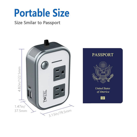 Beast Mode Compact Car Power Inverter Step Up Dc Twelve Volt To One Hundred Eleven V Using Twenty Seven Watt Pd Usb C and Dual Usb Ports, size comparison with passport.