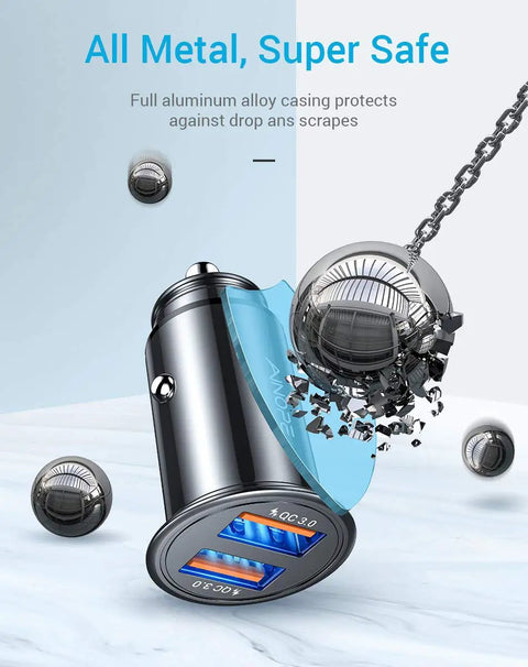Ultra Compact 45W USB Car Charger Adapter with All Metal Body showing durability with aluminum casing and dual USB ports.