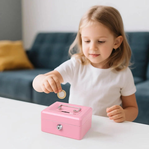 Kid Friendly Locking Cash Box With Top Slot Pink Metal Money Safe For Coins And Cash Portable Small Safe Box For Jewelry And Valuables
