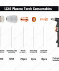 Lincoln Tomahawk 625 LC40 Plasma Cutter Consumables Kit shown with electrodes, nozzles, swirl rings, and other components.