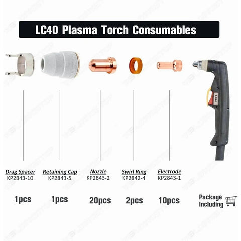 Lincoln Tomahawk 625 LC40 Plasma Cutter Consumables Kit shown with electrodes, nozzles, swirl rings, and other components.