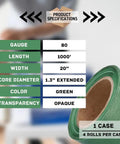 Product specifications for Built Tough Dark Green Plastic Stretch Wrap With Slick Self Adhesive Cling And Easy Grip Core Handles 20 By 1000 Feet.