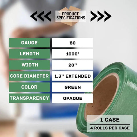 Product specifications for Built Tough Dark Green Plastic Stretch Wrap With Slick Self Adhesive Cling And Easy Grip Core Handles 20 By 1000 Feet.