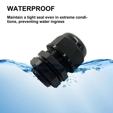 Close-up of a Twelve Pack Three Quarter Inch NPT Cable Glands Nylon Waterproof Adjustable Cord Grips submerged, showing waterproof feature.