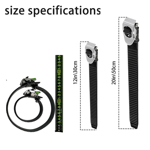 Size specifications of Heavy Duty Reusable Ratchet Cable Ties Set 12 And 20 Inch Adjustable Locking Ties with strap lock design.