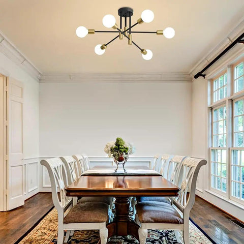 Dining room with Sputnik Chandelier Pendant Light With 180 Degree Adjustable Arms Four Lights Mid Century Modern Nordic Ceiling Fixture In Black Perfect For Living Room Kitchen Bedroom Or Dining Room To Level Up Your Space above table