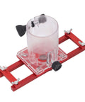 Zunate wood trimmer router base on red aluminum frame with clear plastic center and black adjustment knob.