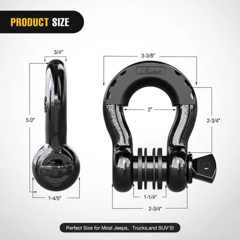 2 Pack 3/4 Inch D Ring Shackle Heavy Duty Off Road Recovery Shackles 4.75 Ton 9500 Lbs Capacity With 7/8 Inch Screw Pin Isolators And Washer Kit For Jeep Truck Vehicle Black, size diagram