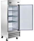 Heavy Duty One Door Reach In Freezer Boasting Hella Roomy Twenty Three Cubic Foot Capacity With Rock Solid Stainless Steel Construction And Smooth Rolling Casters, open view showing shelves.