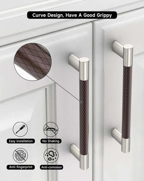 Close-up of 10 Pack 3 Inch Brown And Satin Nickel Cabinet Pulls With Knurled Grip Coffee Silver Two Tone on white doors.