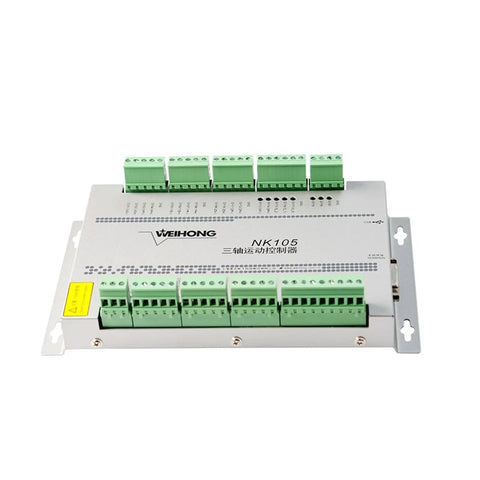 NK105 G3 DSP Controller for 3 Axis NC Studio Motion Control System, compact with green terminals, side view.