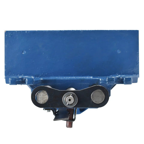 Front view of Heavy Duty 10 Inch Cast Iron Woodworking Vise with blue finish, showing quick release jaw and clamps for steady projects.