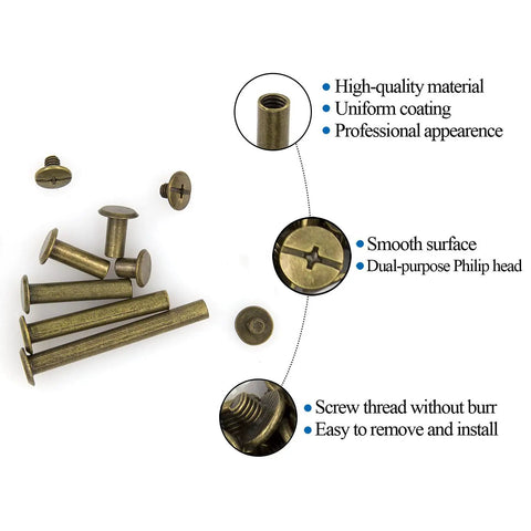 Heavy Duty Bronze Chicago Screws And Binding Posts For Scrapbook Albums Leather Crafting Assorted M5 Lengths Knockout Hardware Kit showing various screws and their features.