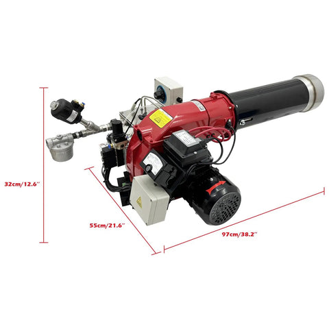 Heavy Duty Industrial Waste Oil Burner Slick Air Atomizing Design Automatic Ignition High Output Heater dimensions with labels.