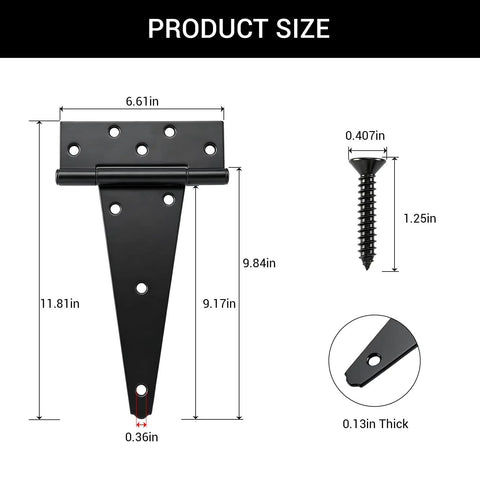 Badass 10 Inch Heavy Duty Gate Hinges 2 Pack Wrought Iron T Straps For Barn Doors And Sheds Rust Proof Black Steel dimensions diagram.