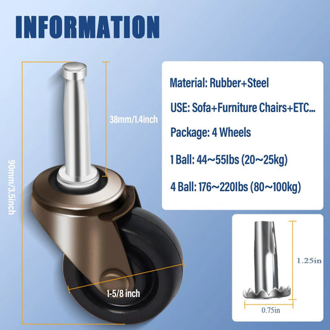 Image of Antique Style Furniture Casters Set Of Four with dimensions and material details for chairs and sofas.