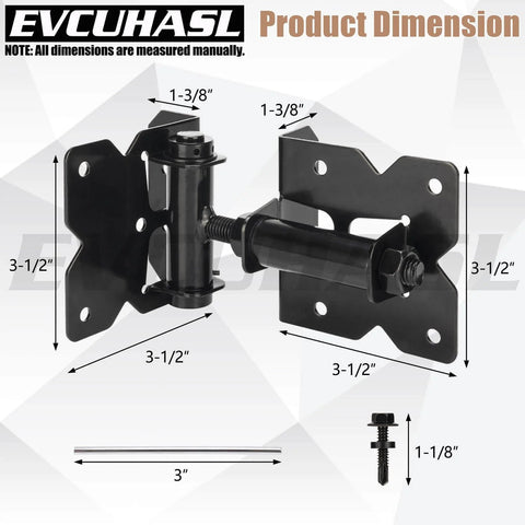 Heavy Duty Gate Hinges For Vinyl And Wooden Fence Gates Self Closing With 90 Degree Adjustable Operation, dimensions shown