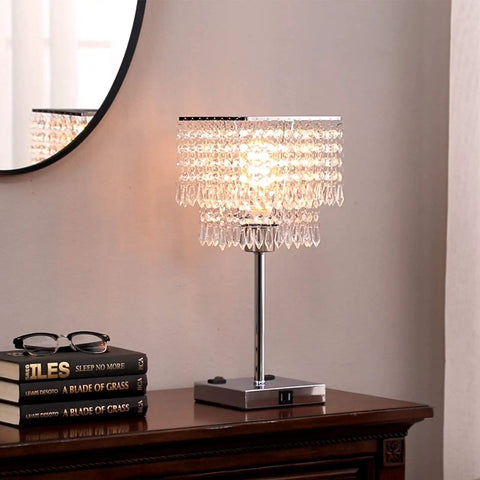 Dope Crystal Bedside Lamp With Dimmable Square Touch Control USB Ports And Dual Outlets on a wooden table with books