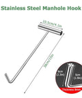 Stainless steel manhole hook with dimensions marked, showing length of 38cm and handle length of 10.5cm.