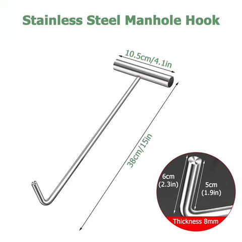 Stainless steel manhole hook with dimensions marked, showing length of 38cm and handle length of 10.5cm.