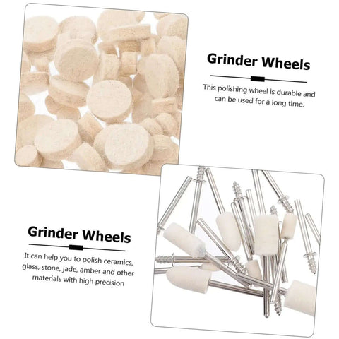 120 Pcs Wool Polishing Wheels Set With Arbor Shank Buffing Pads Kit For Drill Polisher displayed with detailed grinder wheels.