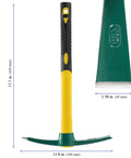 Two Pack 17.7 Inch Pick Mattock Hoe Set, Forged Steel Weeding Tool With Non Slip Rubber Handle, product dimensions shown.