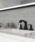 Bellance 8 Inch Widespread Bathroom Sink Faucet Two Handle Three Hole Design Matte Black Finish NSF Certified visible on vanity