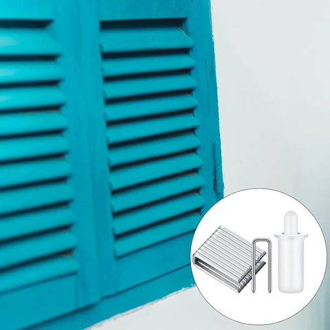 Top Shelf Plantation Shutter Repair Kit Includes Twenty Spring Loaded Pins And Twenty Louver Rod Staples For Easy Diy Window Fixes And Clean Home Refreshers, featuring blue shutters and repair components.