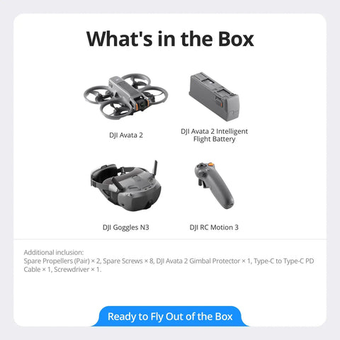 Avata 2 FPV Drone With 4K Camera, Immersive Goggles Experience, One Push Acrobatics, N3 Goggles, RC Motion 3, battery displayed.