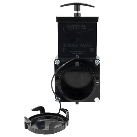 3 Inch Stainless Steel RV Waste Dump Gate Valve With Cap For Easy Dumping And Quick Open Close, front view showing handle