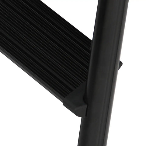 Lightweight Aluminum Three Step Folding Ladder With Big Wide 13.8 By 13 Inch Platform And Handy Tool Tray For Home Projects, ANSI A14.2 Certified, Sturdy Portable Stepladder For Indoor Fixes And DIY Tasks. black aluminum step and platform detail