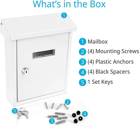 Weatherproof Wall Mount Locking Mailbox With Galvanized Steel Drop Box And Metal Flap components included in packaging