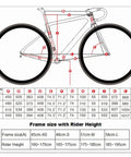 Carbon Road Bike Frameset 700C size chart with geometry details for XS to L frames, showing measurements for disc brake setups.