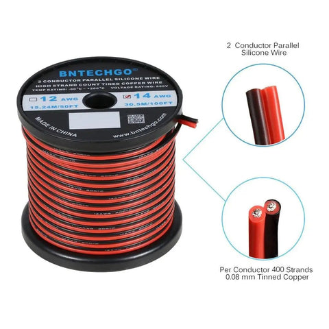 14 Gauge Flexible 2 Conductor Silicone Wire Spool Red Black Parallel For LED Strip Extension Cable 600V 200 C Temp 100ft