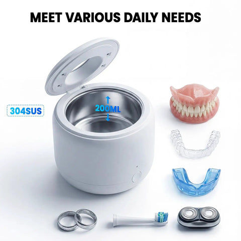 Ultrasonic Retainer Cleaner Machine With 44kHz Wave Action Deep Clean For Night Guards Mouth Guards Dentures Aligners And Jewelry 200ml Capacity White No Sweat One Button Start, open lid, 304SUS steel, showing dentures, aligners, rings, brush head.