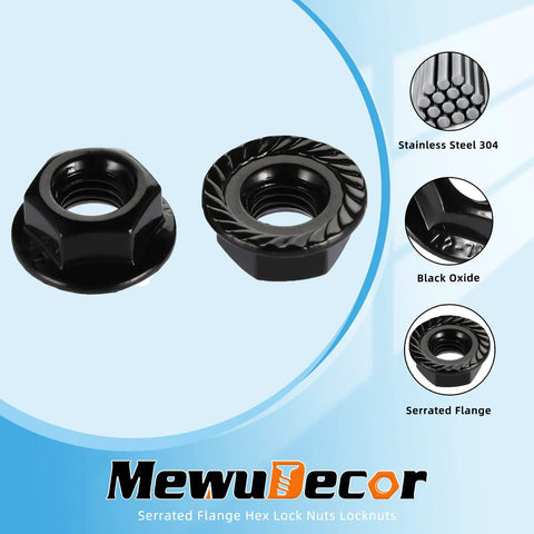 Heavy Duty 5/16 Inch Hex Serrated Flange Lock Nuts With Black Oxide Coating showing stainless steel and serrated design.