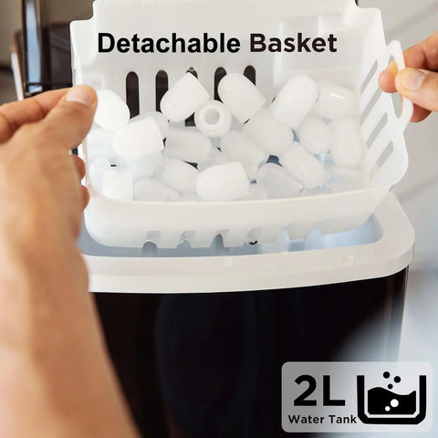 Front view: Silonn countertop ice maker from Amazon with detachable basket, 2L water tank, bullet ice