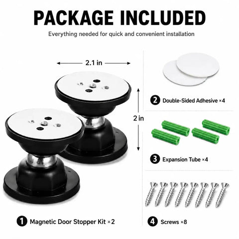 Package contents of RV Magnetic Door Catch With Adhesive And Screw Mounting, including adhesives, screws, and expansion tubes.