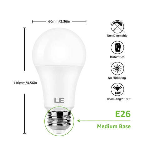 Diagram of 100W Equivalent LED Light Bulbs, 14W, 1500 Lumens, 5000K Daylight White, A19 E26 Standard Base with dimensions