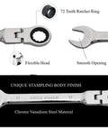Close-up of 20 Piece Flex Head Ratcheting Wrench Set With Metric And SAE Wrenches in Chrome Vanadium Steel showing 72-teeth ratchet.