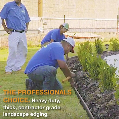 Professionals installing Built Tough Heavy Duty Landscape Edging Kit with 16 Ft Bender Board along garden edge.