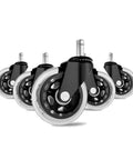 3 Inch Heavy Duty Office Chair Wheels With Soft PU Rubber For Floor Protection On Hardwood Carpet And Tile Surfaces Universal Fit Set Of 5 Black And Clear Caster Wheels For Quiet Smooth Rolling And Floor Safe Performance, front view